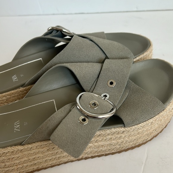Zara espadrille platform sandal slide silver buckle sage gray green suede - Picture 15 of 16